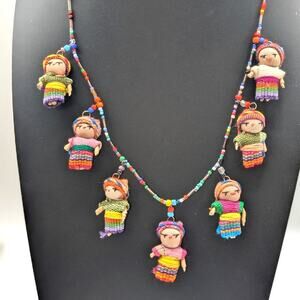 Handcrafted Colorful Rainbow Knitted Doll Girl Seed Glass Bead 24.5" Necklace